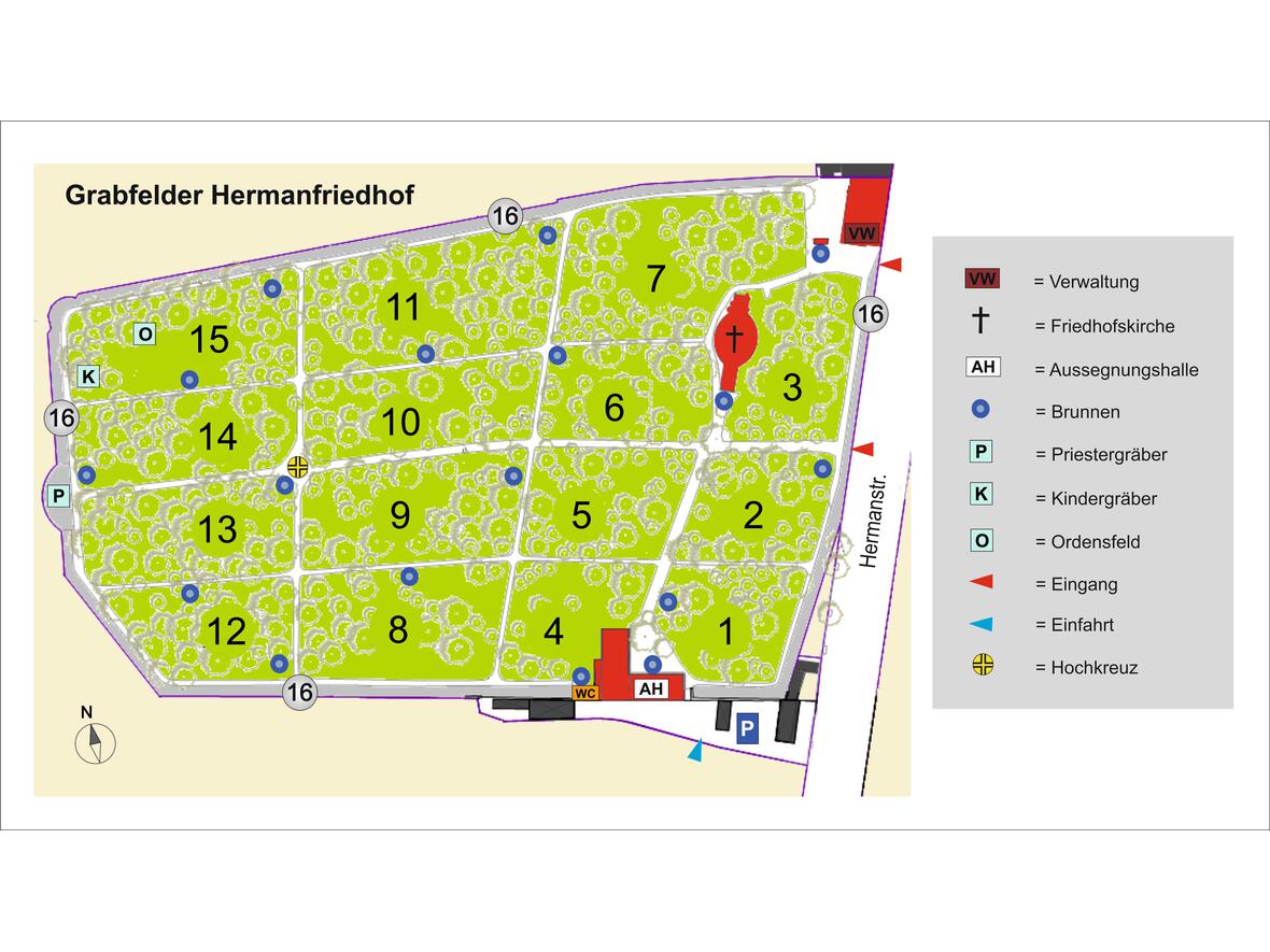 Lageplan der Grabfelder auf dem Hermanfriedhof